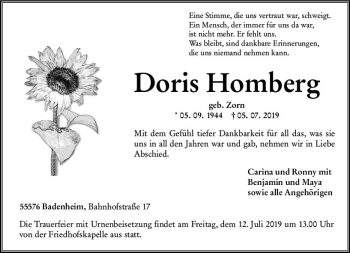Traueranzeige von Doris Homberg von vrm-trauer