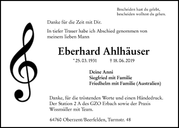 Traueranzeige von Eberhard Ahlhäuser von vrm-trauer