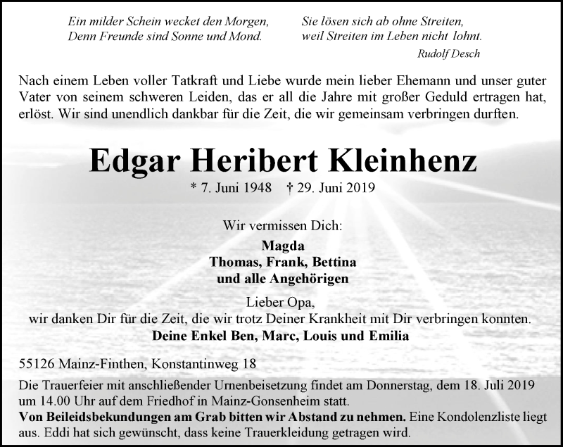  Traueranzeige für Edgar Heribert Kleinhenz vom 06.07.2019 aus vrm-trauer
