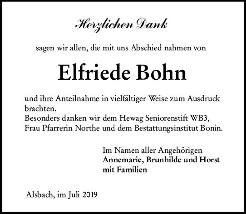  Traueranzeige für Elfriede Bohn vom 13.07.2019 aus vrm-trauer