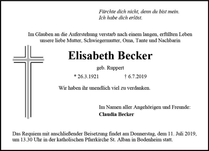  Traueranzeige für Elisabeth Becker vom 09.07.2019 aus vrm-trauer
