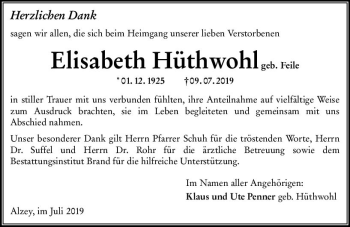 Traueranzeige von Elisabeth Hüthwohl von vrm-trauer