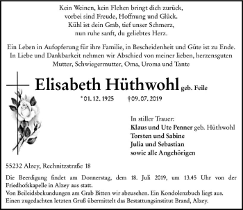 Traueranzeige von Elisabeth Hüthwohl von vrm-trauer