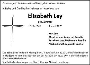 Traueranzeige von Elisabeth Ley von vrm-trauer