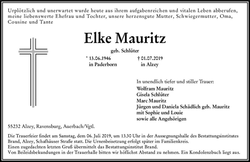  Traueranzeige für Elke Mauritz vom 04.07.2019 aus vrm-trauer