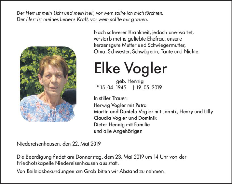  Traueranzeige für Elke Vogler vom 22.05.2019 aus  HA - Hinterländer Anzeiger ()