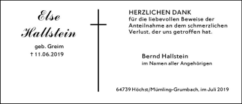 Traueranzeige von Else Hallstein von vrm-trauer