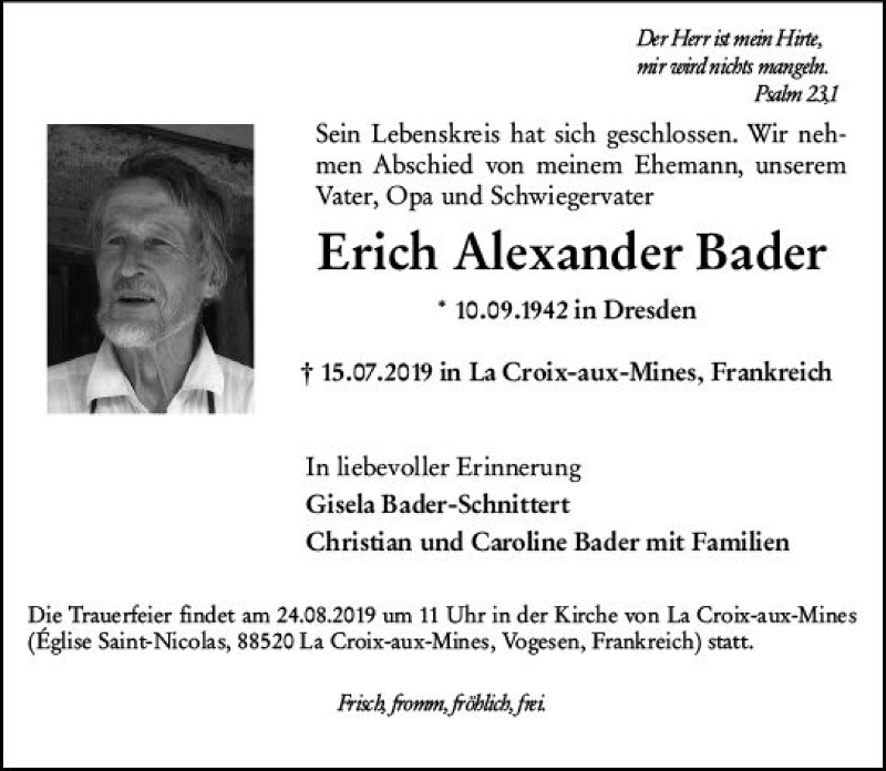  Traueranzeige für Erich Alexander Bader vom 27.07.2019 aus vrm-trauer