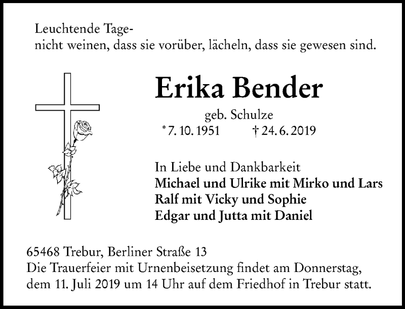  Traueranzeige für Erika Bender vom 06.07.2019 aus vrm-trauer