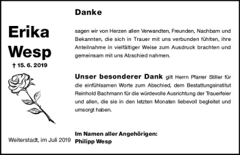Traueranzeige von Erika Wesp von vrm-trauer