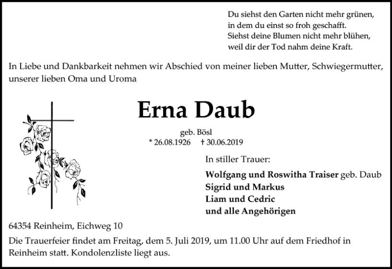  Traueranzeige für Erna Daub vom 03.07.2019 aus vrm-trauer