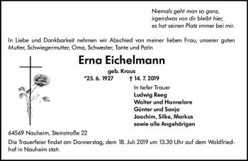 Traueranzeige von Erna Eichelmann von vrm-trauer
