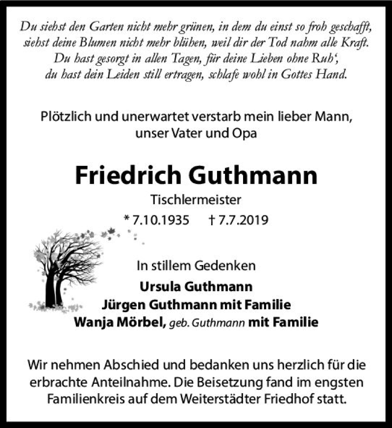  Traueranzeige für Friedrich Guthmann vom 27.07.2019 aus vrm-trauer
