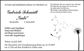 Traueranzeige von Gabriele Schmidt von vrm-trauer