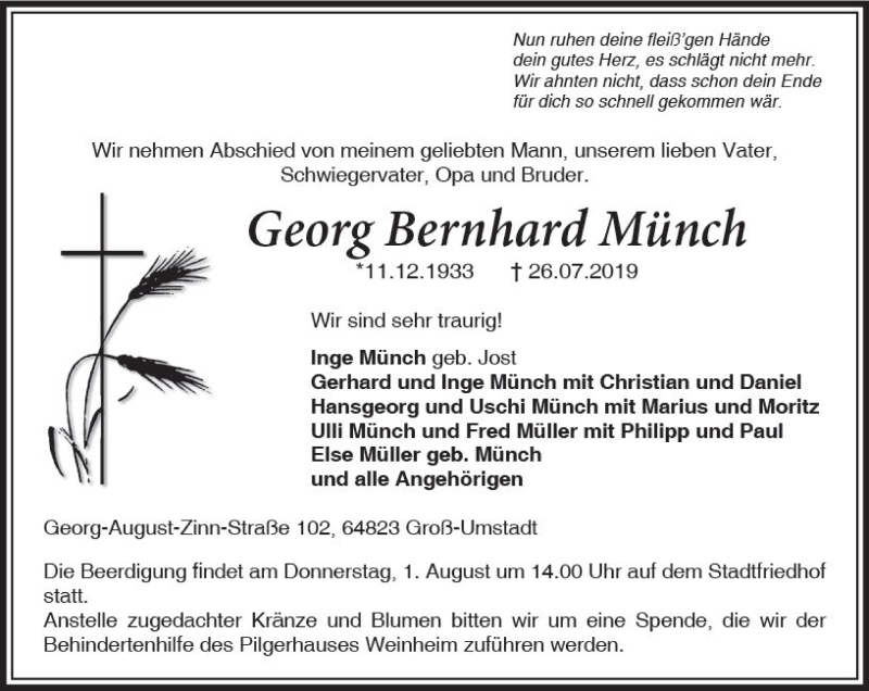  Traueranzeige für Georg Bernhard Münch vom 31.07.2019 aus vrm-trauer