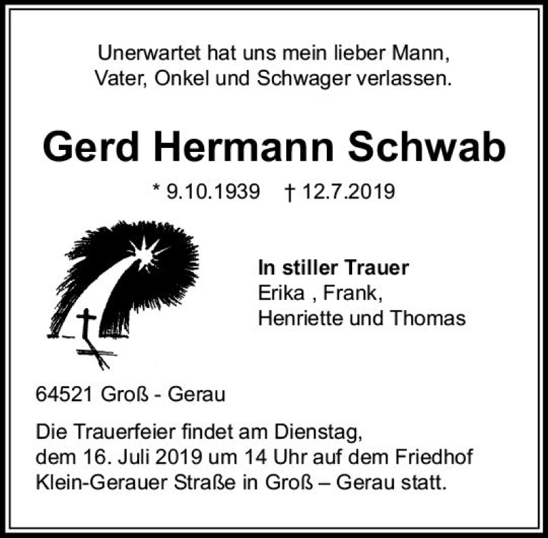  Traueranzeige für Gerd Hermann Schwab vom 15.07.2019 aus vrm-trauer
