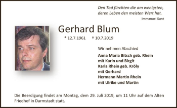 Traueranzeige von Gerhard Blum von vrm-trauer