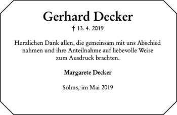Traueranzeige von Gerhard Decker von  Dill Block ()