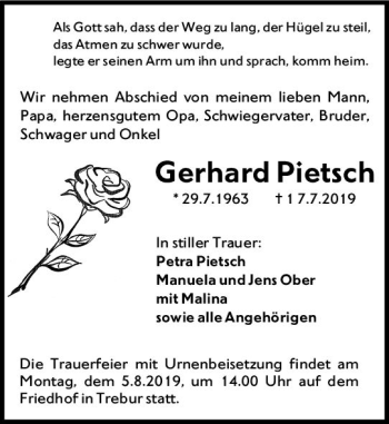 Traueranzeige von Gerhard Pietsch von vrm-trauer