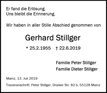 Traueranzeige von Gerhard Stillger von vrm-trauer