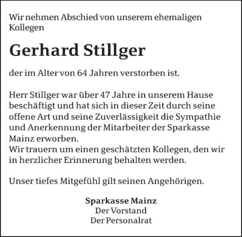  Traueranzeige für Gerhard Stillger vom 17.07.2019 aus vrm-trauer