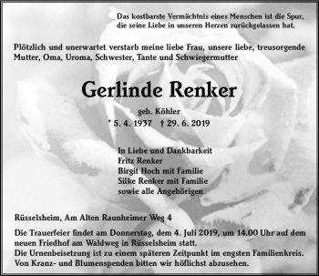 Traueranzeige von Gerlinde Renker von vrm-trauer