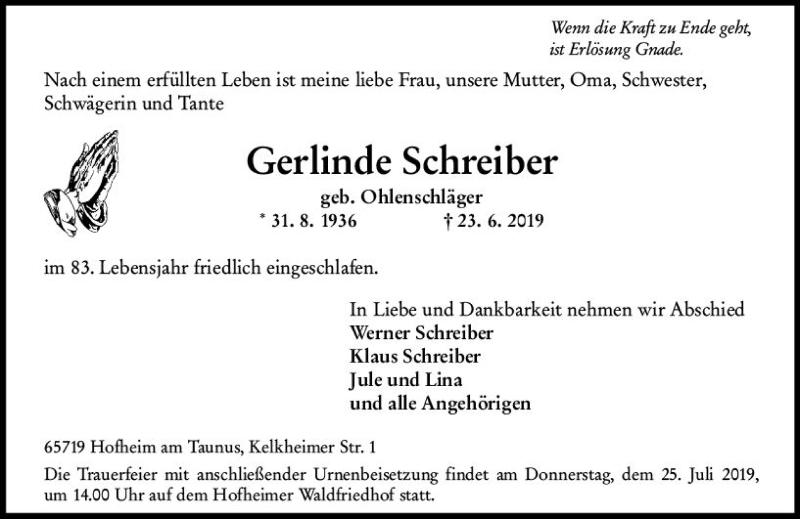  Traueranzeige für Gerlinde Schreiber vom 19.07.2019 aus vrm-trauer