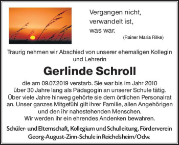 Traueranzeige von Gerlinde Schroll von vrm-trauer