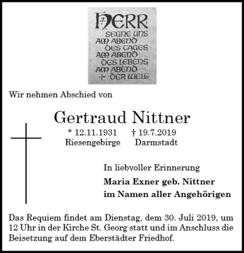 Traueranzeige von Gertraud Nittner von vrm-trauer