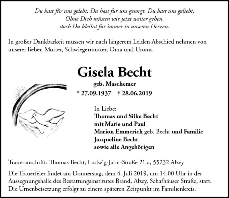  Traueranzeige für Gisela Becht vom 01.07.2019 aus vrm-trauer