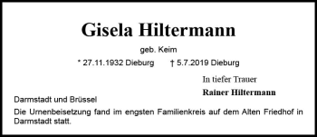 Traueranzeige von Gisela Hiltermann von vrm-trauer