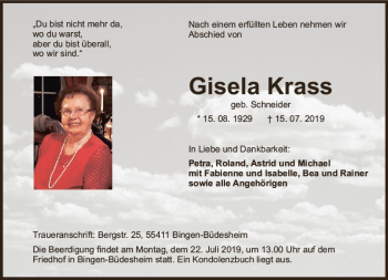 Traueranzeige von Gisela Kraß von vrm-trauer