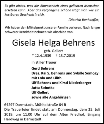 Traueranzeige von Gisela Helga Behrens von vrm-trauer