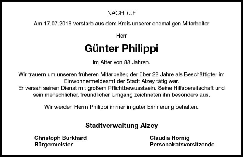  Traueranzeige für Günter Philippi vom 29.07.2019 aus vrm-trauer