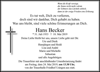Traueranzeige von Hans Becker von  Usinger Anzeiger