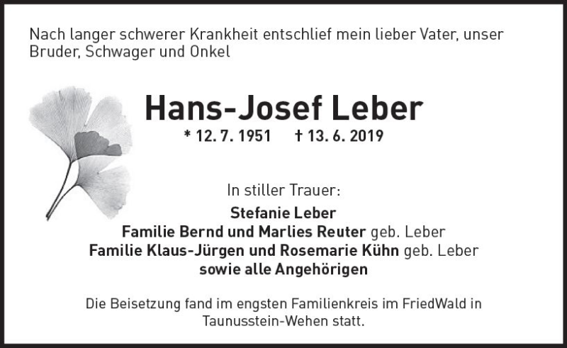  Traueranzeige für Hans-Josef Leber vom 20.07.2019 aus vrm-trauer