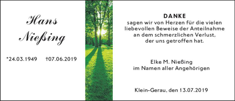  Traueranzeige für Hans Nießing vom 13.07.2019 aus vrm-trauer
