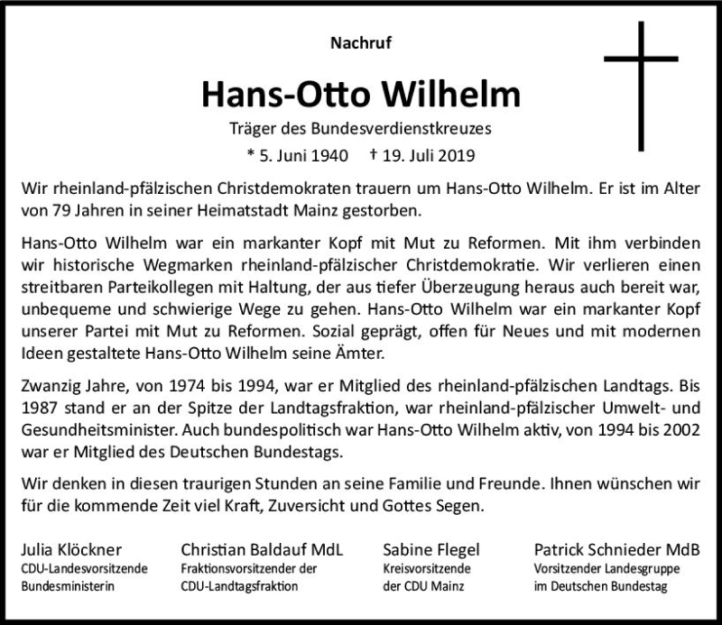  Traueranzeige für Hans-Otto Wilhelm vom 25.07.2019 aus vrm-trauer