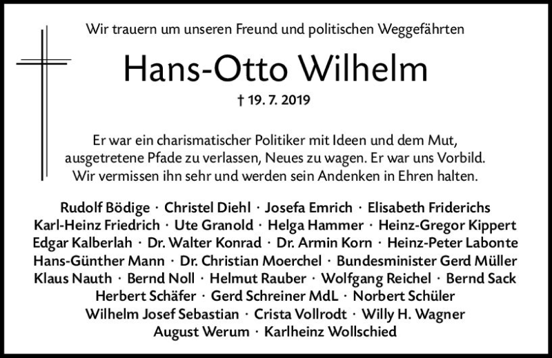  Traueranzeige für Hans-Otto Wilhelm vom 26.07.2019 aus vrm-trauer
