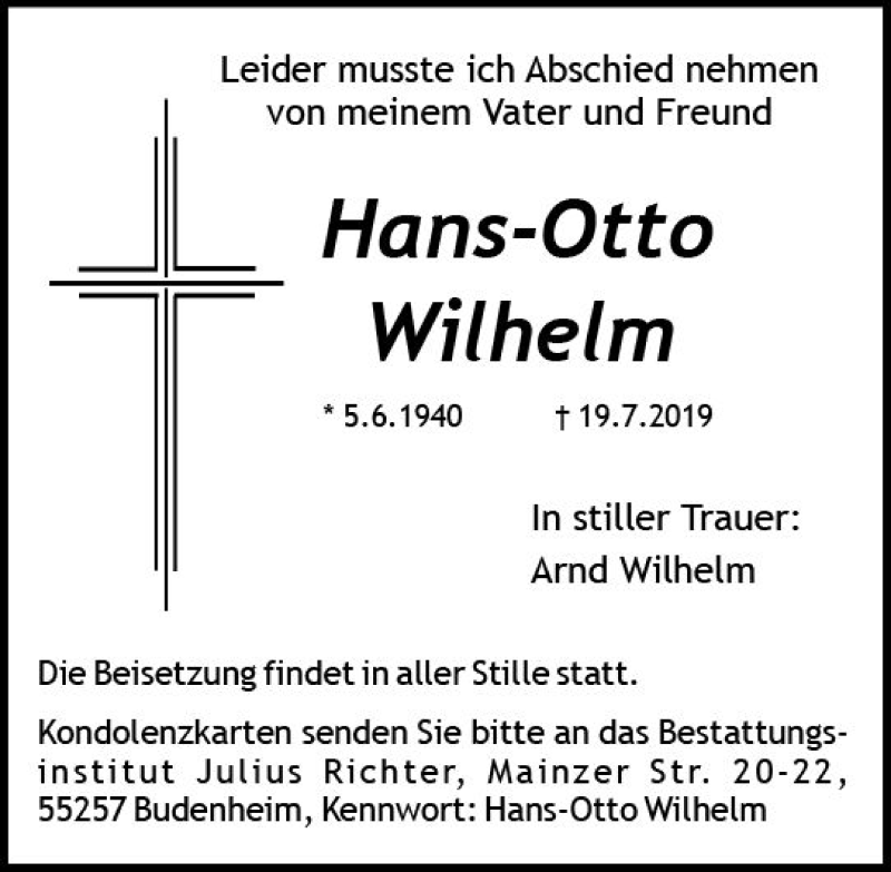  Traueranzeige für Hans-Otto Wilhelm vom 25.07.2019 aus vrm-trauer