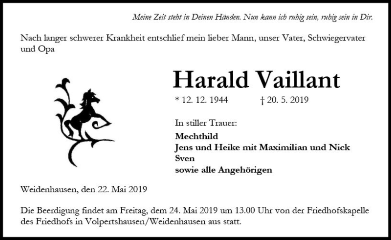  Traueranzeige für Harald Vaillant vom 22.05.2019 aus  WNZ - Wetzlarer Neue Zeitung ()