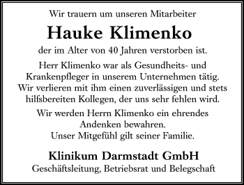 Traueranzeige von Hauke Klimenko von vrm-trauer