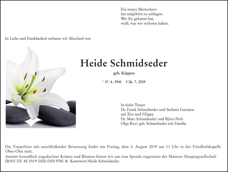  Traueranzeige für Heide Schmidseder vom 31.07.2019 aus vrm-trauer