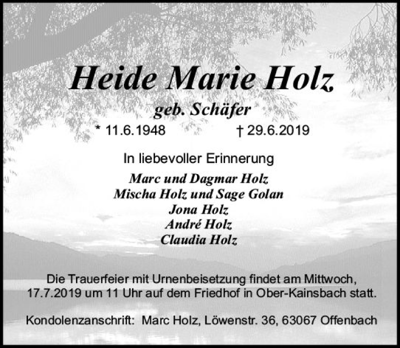  Traueranzeige für Heide Marie Holz vom 13.07.2019 aus vrm-trauer