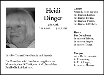 Traueranzeige von Heidi Dinger von vrm-trauer