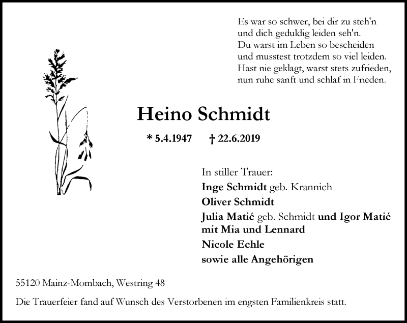  Traueranzeige für Heino Schmidt vom 06.07.2019 aus vrm-trauer