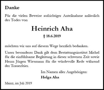 Traueranzeige von Heinrich Aha von vrm-trauer
