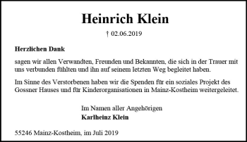 Traueranzeige von Heinrich Klein von vrm-trauer