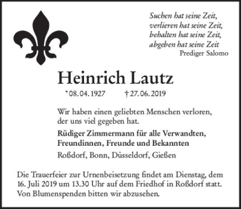 Traueranzeige von Heinrich Lautz von vrm-trauer