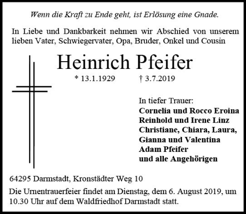  Traueranzeige für Heinrich Pfeifer vom 20.07.2019 aus vrm-trauer